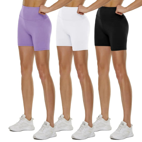 3 Pack High Waisted Biker Shorts for Women – 3"/ 5"/ 8" Black Workout Yoga Compression Novelty Shorts for Running 5 Inch Large-X-Large Black/White/Lilac