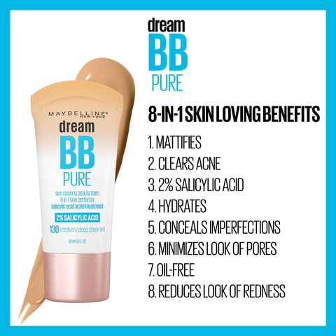 Maybelline Dream Pure Skin Clearing BB Cream, 8-in-1 Skin Perfecting Beauty Balm With 2% Salicylic Acid, Sheer Tint Coverage, Oil-Free, Light, 1 Count 1 Fl Oz (Pack of 1) 100 LIGHT